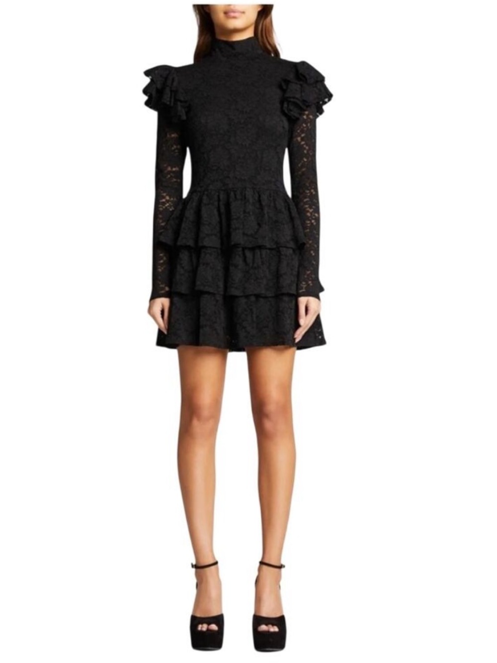 Caroline Constas Emily Black Lace Ruffle Mini Dress Size Small Designer Cocktail